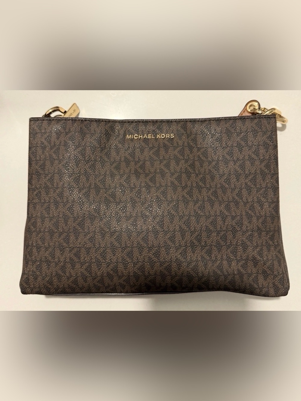 Michael Kors Brown Logo Clutch with Gold Hardware Zip Closure